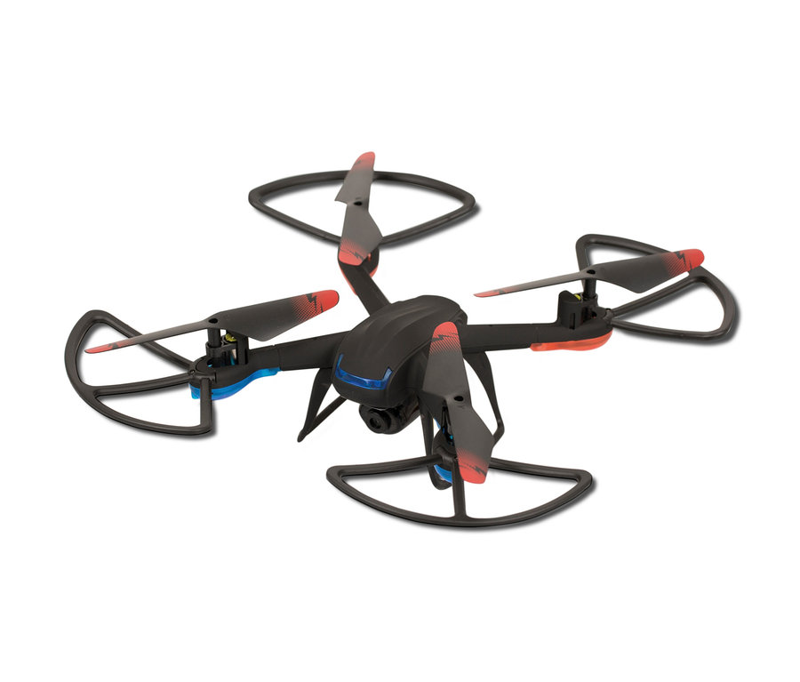 Eine schwarze Maginon »QC-50« Drohne mit vier Rotoren und Rotorschutz auf weißem Hintergrund.
