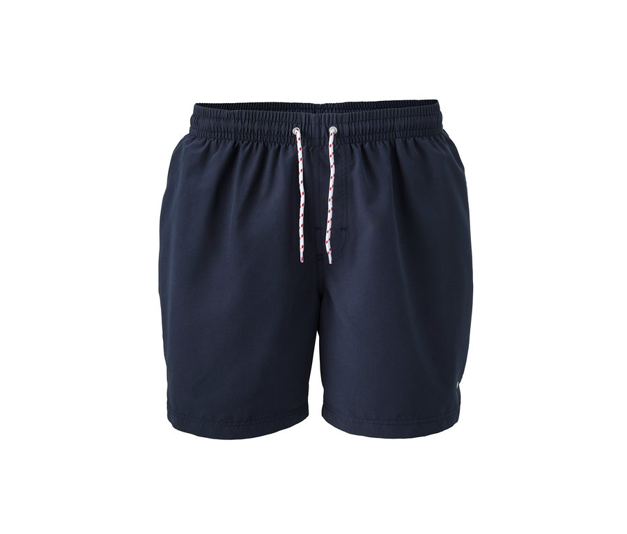 Marineblaue Badeshorts mit weißer Kordel.