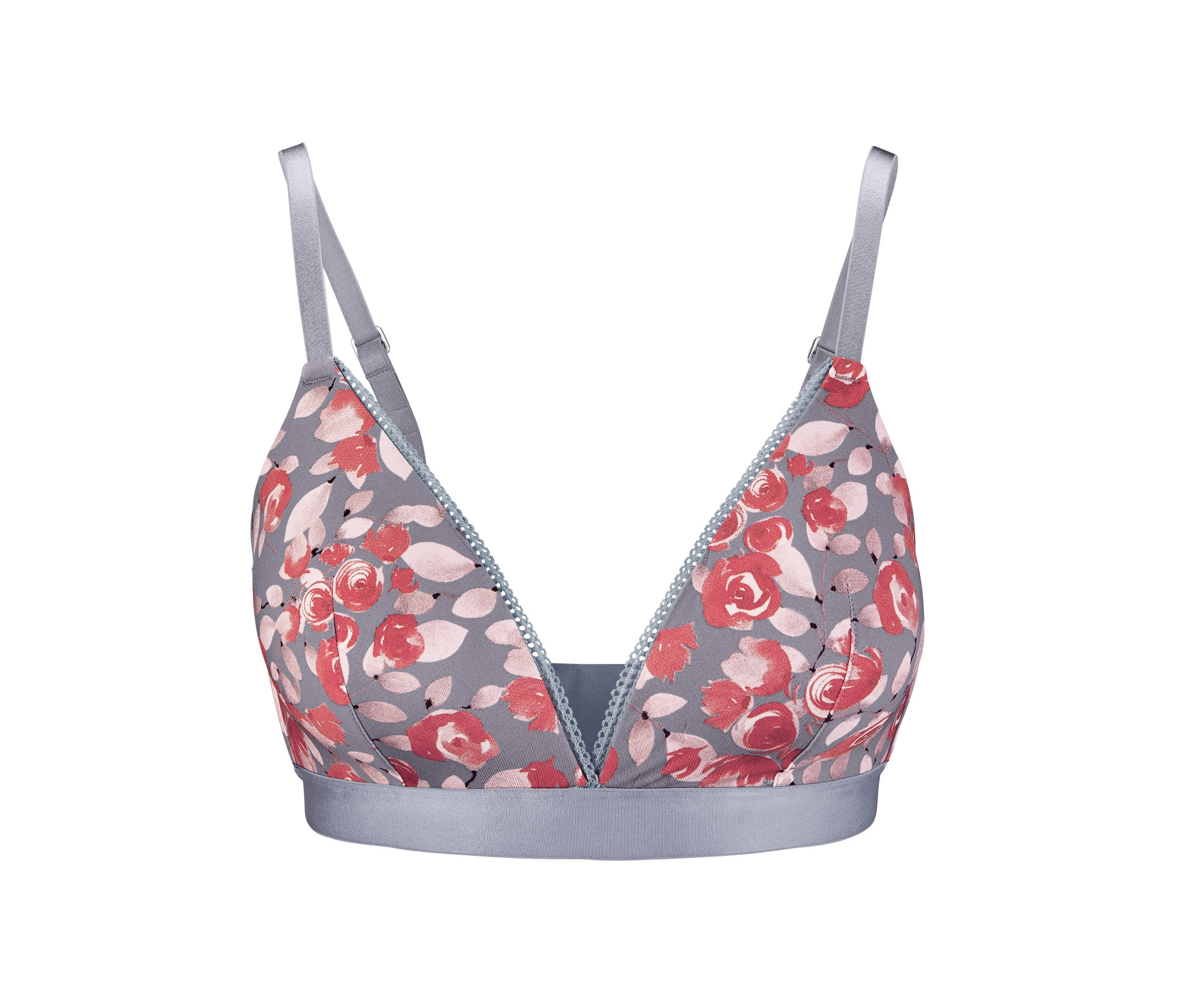 Grauer Softschalen-BH mit Blumenmuster.