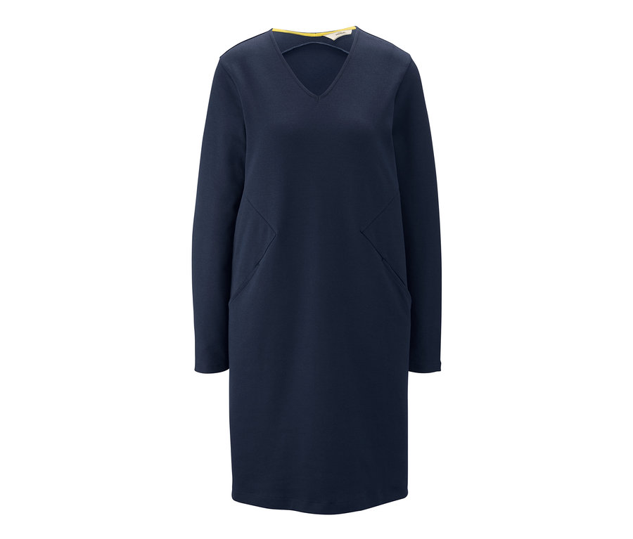Dunkelblaues Jerseykleid mit langen Ärmeln und V-Ausschnitt.