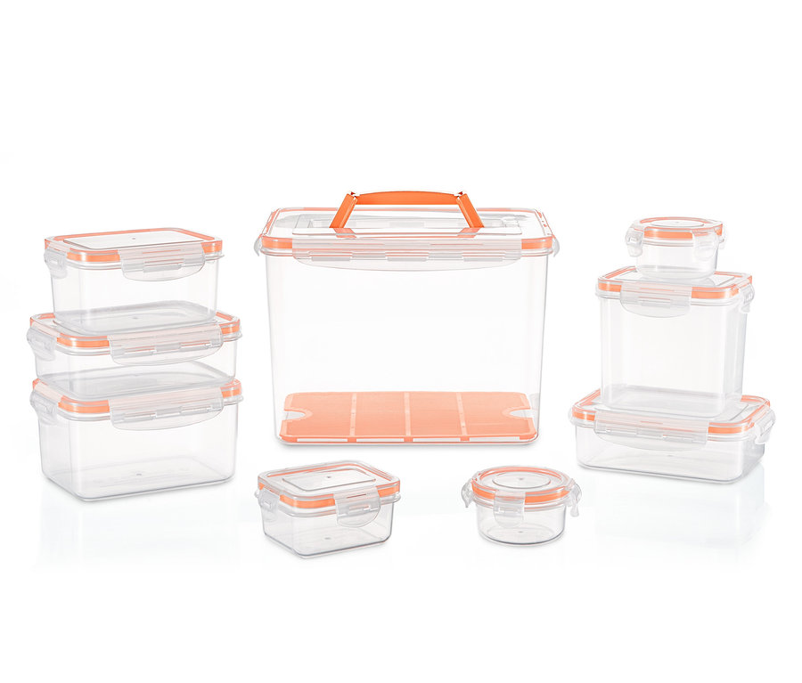 Ein Set Frischhaltedosen mit orangefarbenen Akzenten.