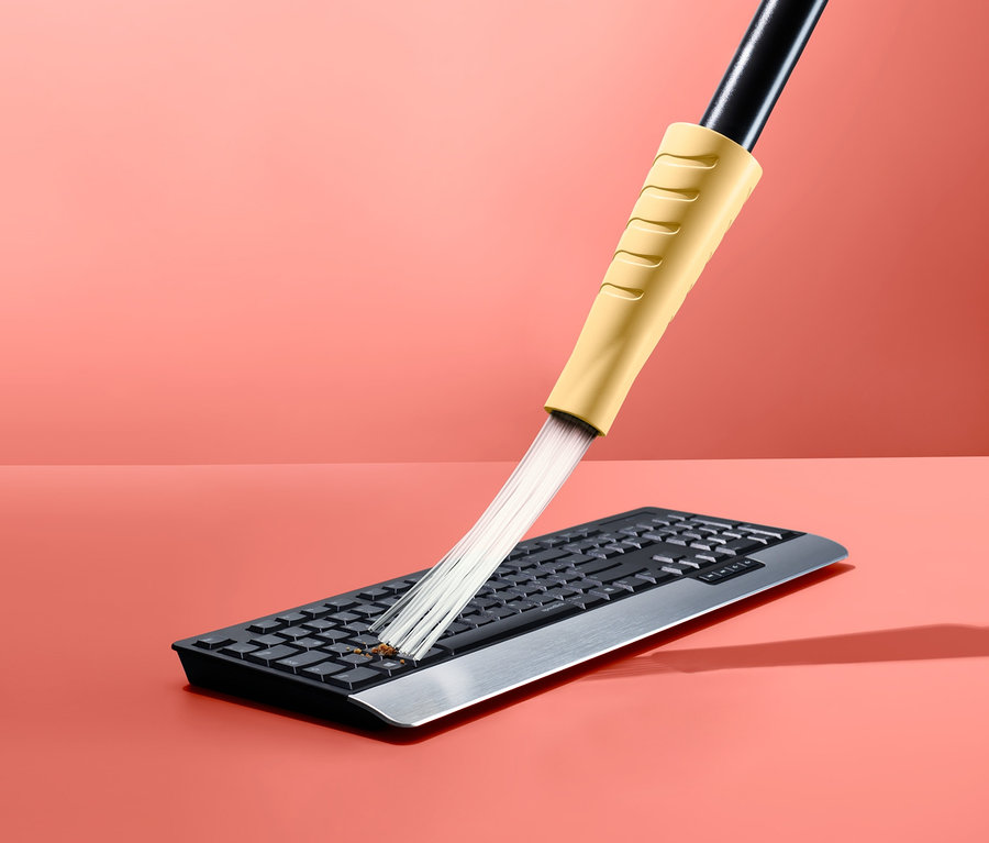 Staubsaugeraufsatz reinigt eine Tastatur vor einem rosa Hintergrund.