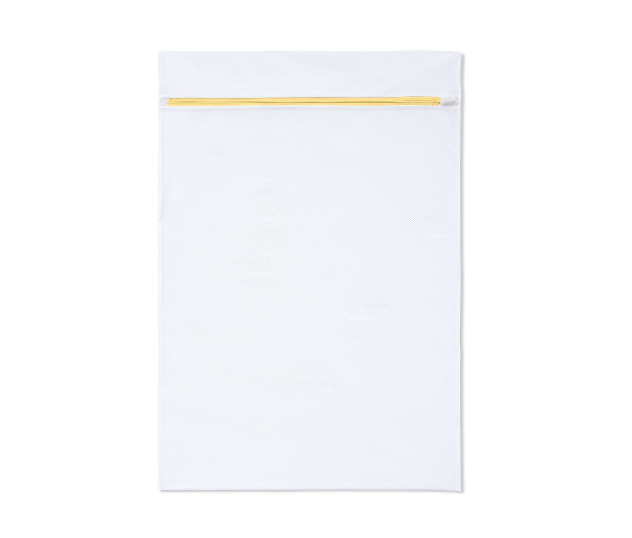 Ein weißes XL-Wäschnetz mit gelbem Reißverschluss.