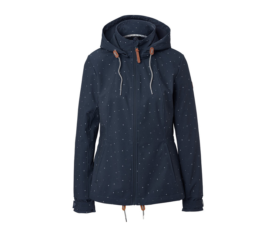 Eine dunkelblaue, gemusterte Softshell-Jacke mit Reißverschluss und Kapuze.