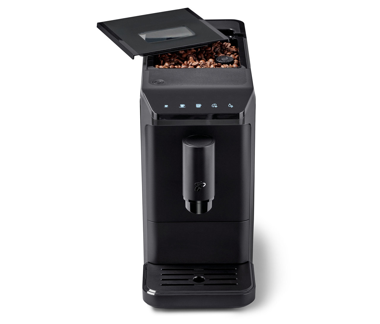 Schwarzer »Esperto mini« Kaffeevollautomat, Black mit offenem Bohnenbehälter.