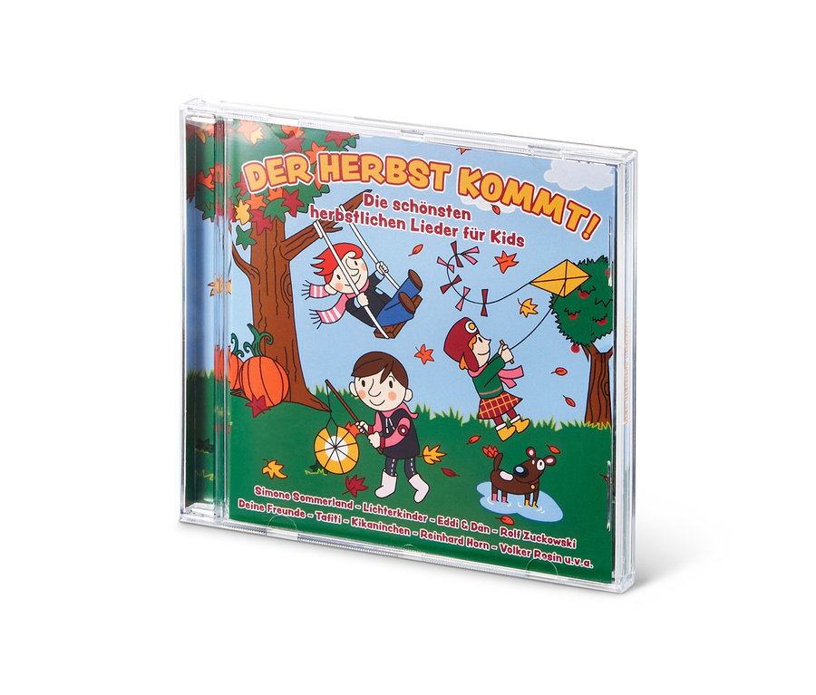 Ein CD-Cover mit einer Cartoon-Illustration von Kindern, die im Herbst spielen.