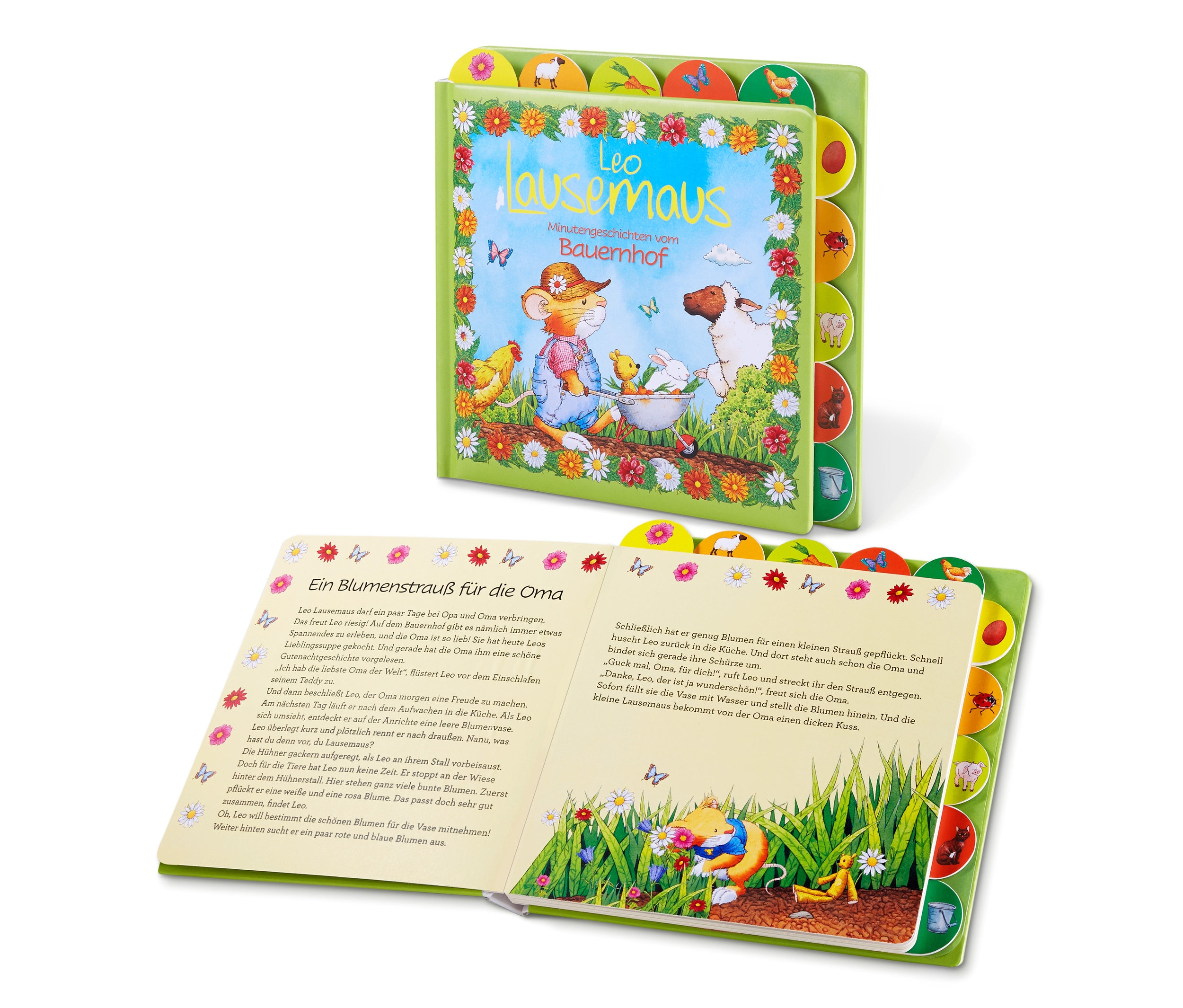 Zwei grüne Kinderbücher »Leo Lausemaus – Minutengeschichten Oster- und Frühjahrszeit«, eines geschlossen und eines geöffnet.