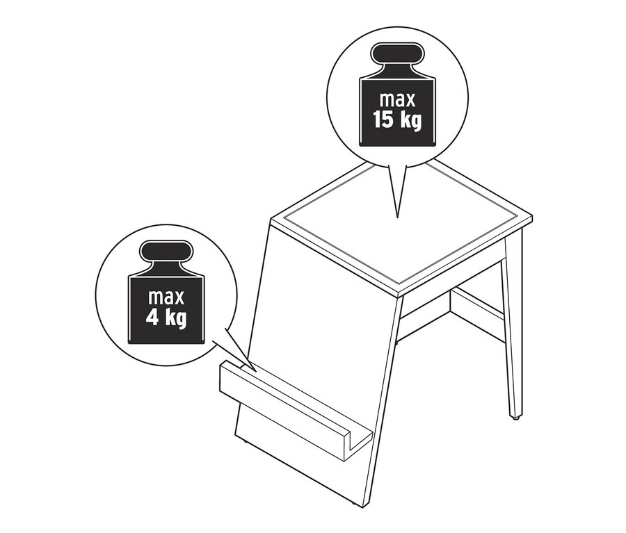 Weißer Beistelltisch mit Zeitschriftenablage. Die maximale Tragkraft beträgt 15 kg auf der Oberseite und 4 kg auf der Ablage.
