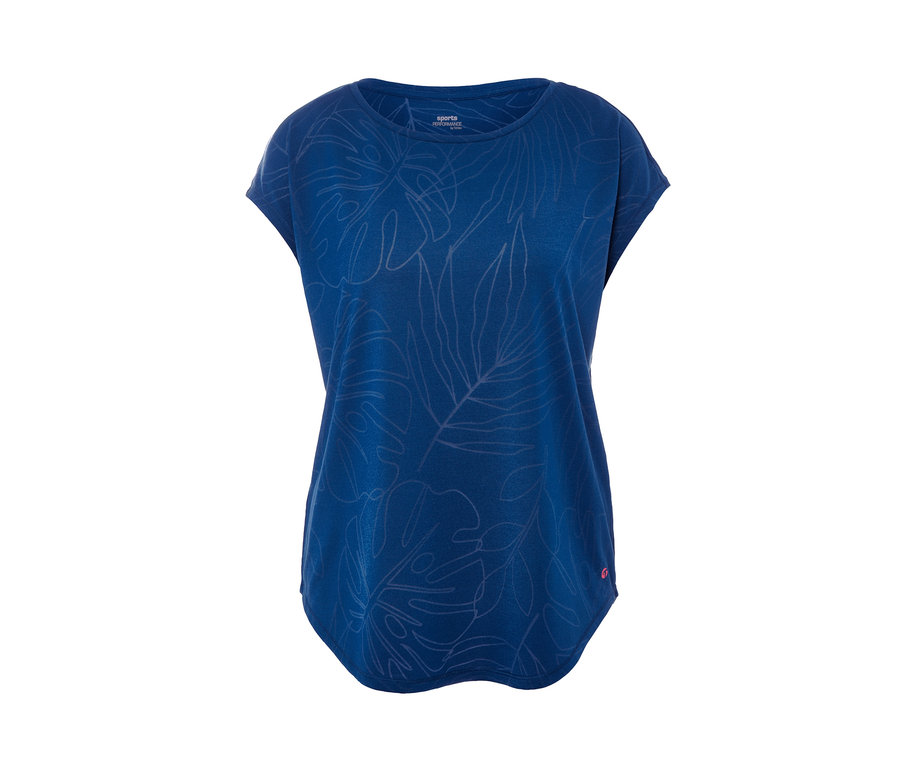 Blaues Sportshirt mit Blattmuster.