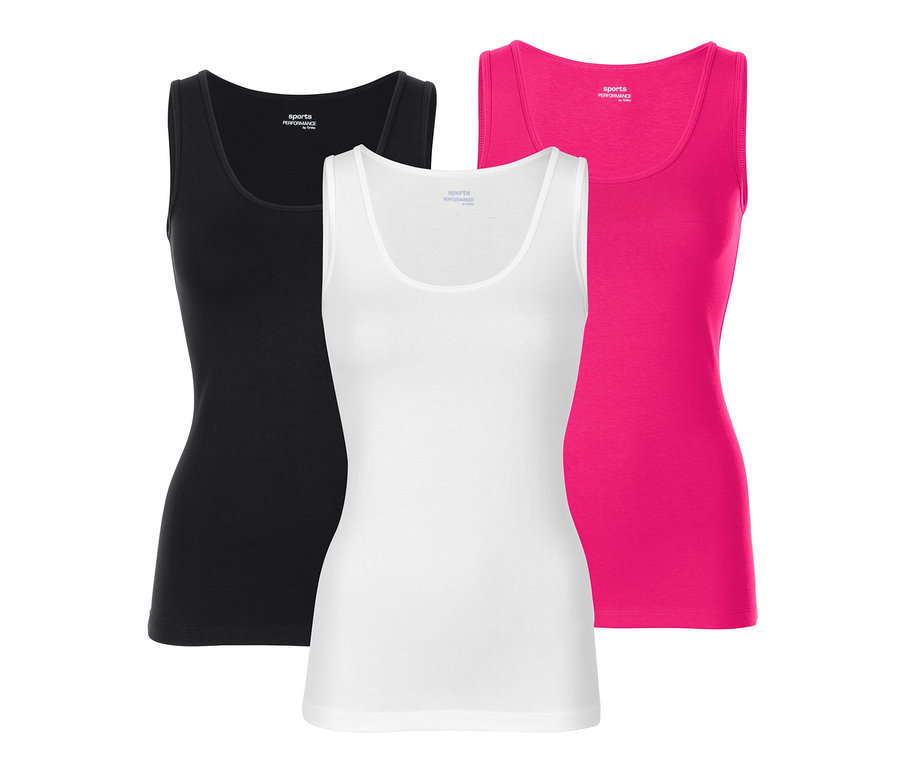 Drei Tops in Schwarz, Weiß und Pink.