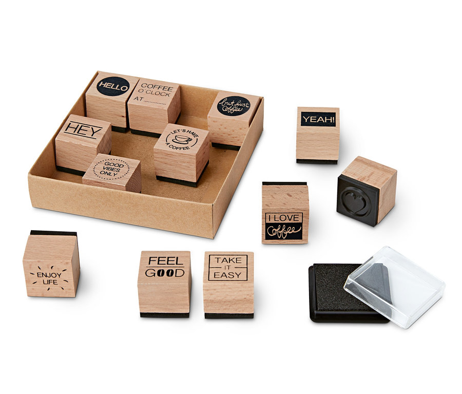Stempel-Set »Coffee« mit verschiedenen Kaffee-bezogenen Motiven und Sprüchen.