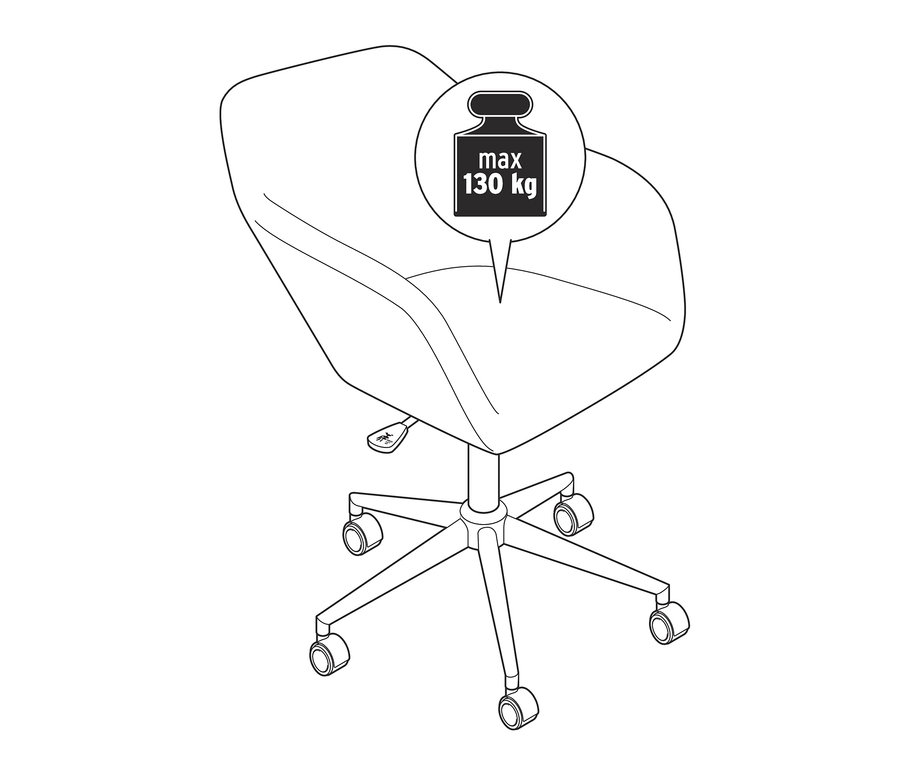 Zeichnung eines Schreibtischstuhls mit Rollen, maximale Belastbarkeit 130 kg.