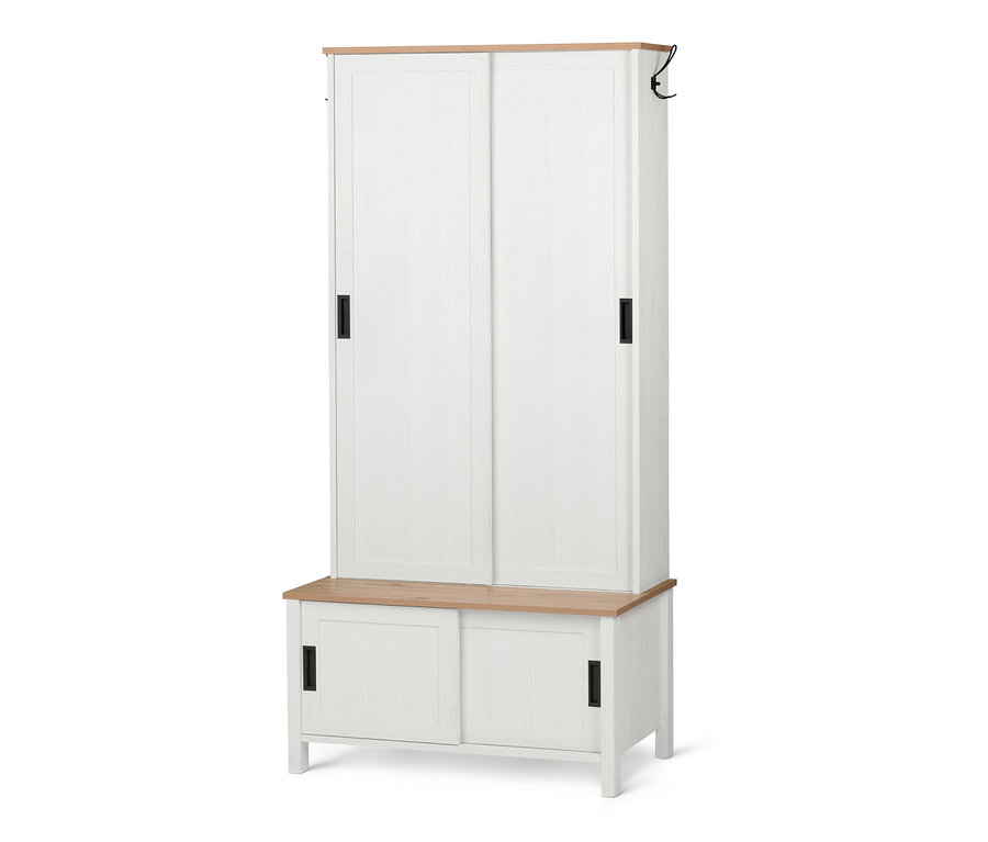 Multifunktionale Garderobe mit Schiebetüren in Weiß.