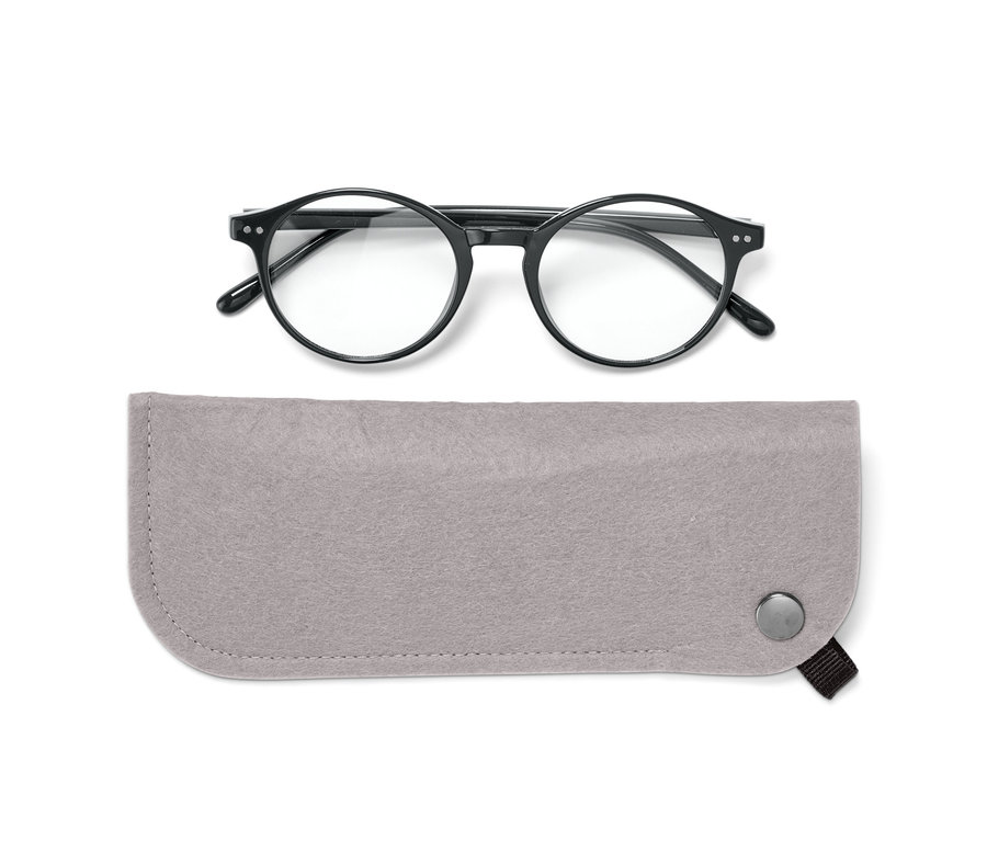 Eine Blaulichtfilter-Brille liegt über einem grauen Brillenetui.
