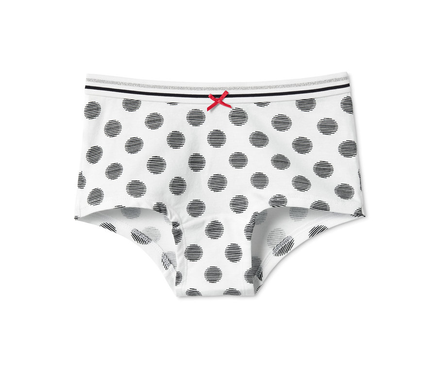 Eine einzelne weisse Mädchen-Panty mit schwarzen Punkten. Das Produkt ist eines von 3 Mädchen-Pantys.