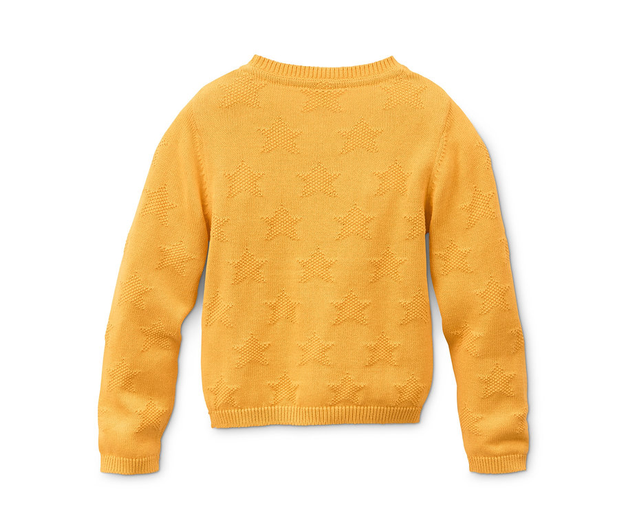 Gelbe Strickjacke aus Bio-Baumwolle mit Sternen auf weißem Hintergrund.