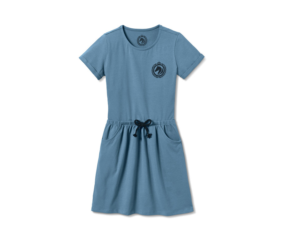 Blaues Jerseykleid mit kurzen Ärmeln und Pferde-Logo-Print.