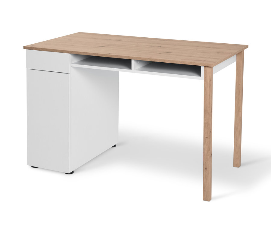 Ein weißer und hölzerner Schreibtisch mit Schublade.