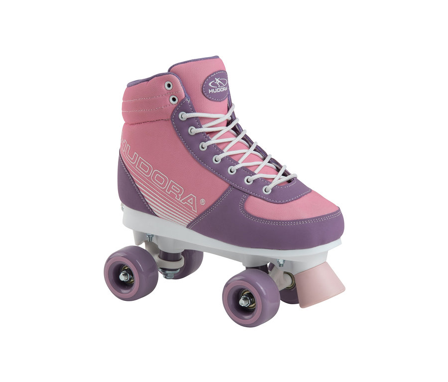 Nahaufnahme von rosa-lila HUDORA Roller-Skates »Advanced« mit weißen Schnürsenkeln und vier Rollen.