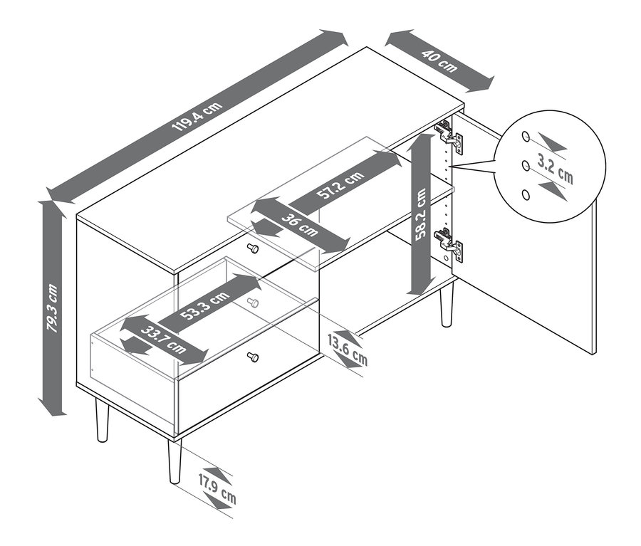 Abmessungen der Kommode »Bekeson« in Weiß und Anthrazit.