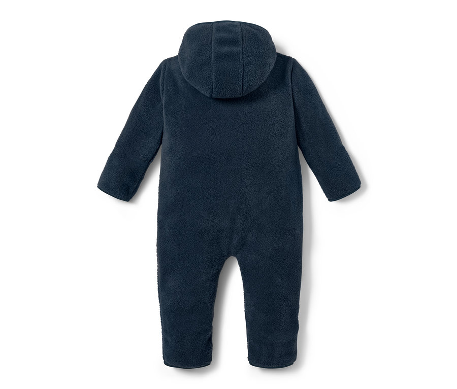 Dunkelblauer Fleece-Einteiler mit Kapuze von hinten.