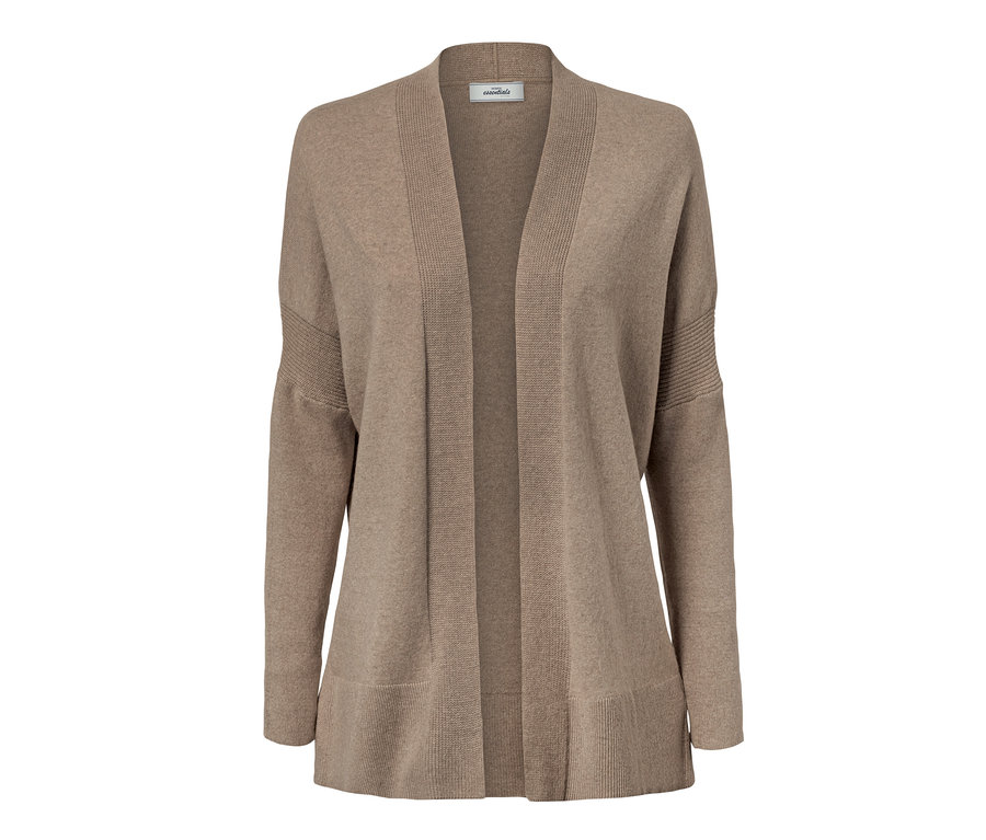 Eine offene, hellbraune Strickjacke mit Kaschmir.