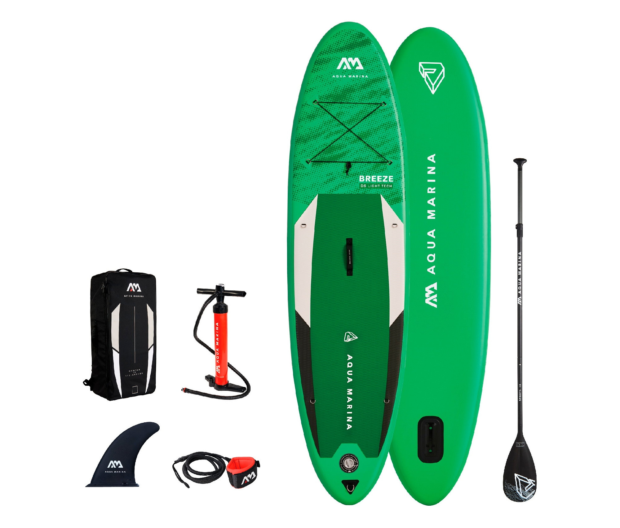 Zwei grüne Aqua Marina SUP-Boards »Breeze«, ein Paddel, eine Pumpe, eine Finne, ein Rucksack und eine Leine.