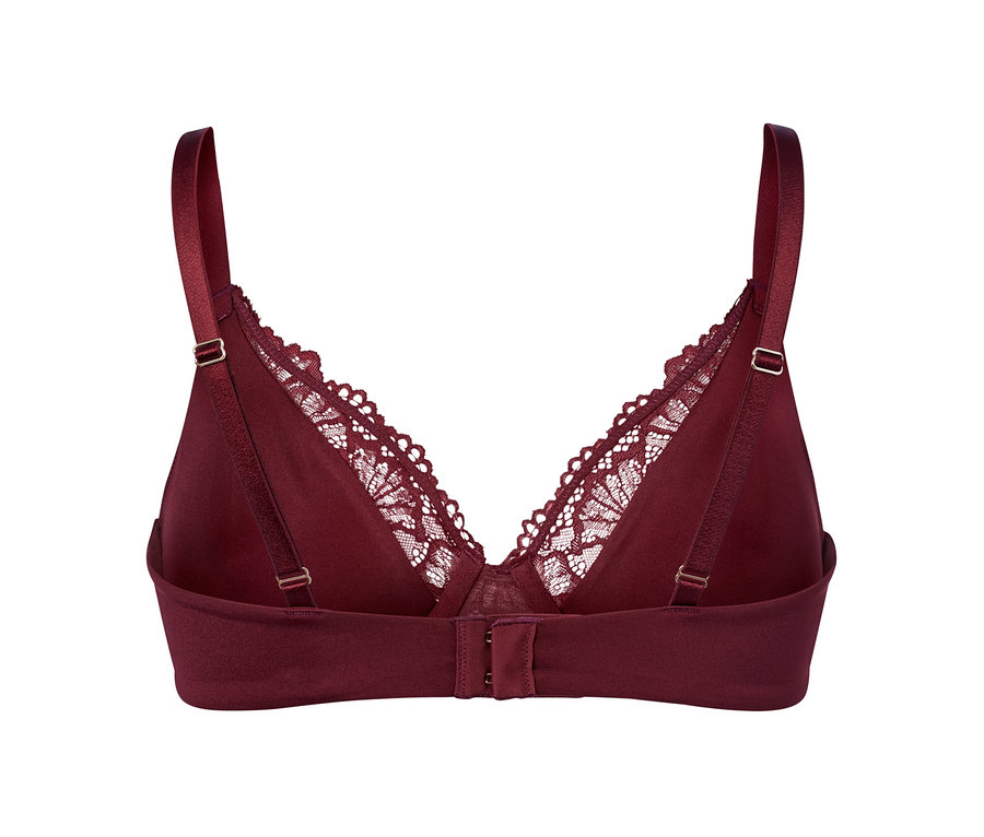 Detailansicht von Rückseite von einem bordeauxroten Bügel-BH mit Spitze.