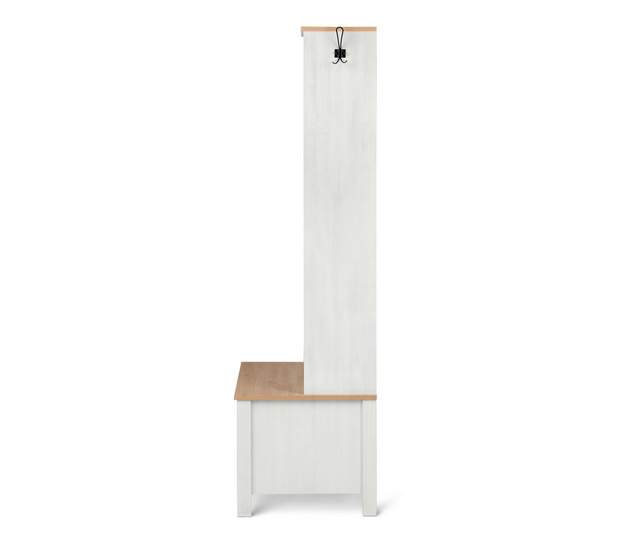 Eine multifunktionale Garderobe in Weiß mit Holzelementen und schwarzen Haken.