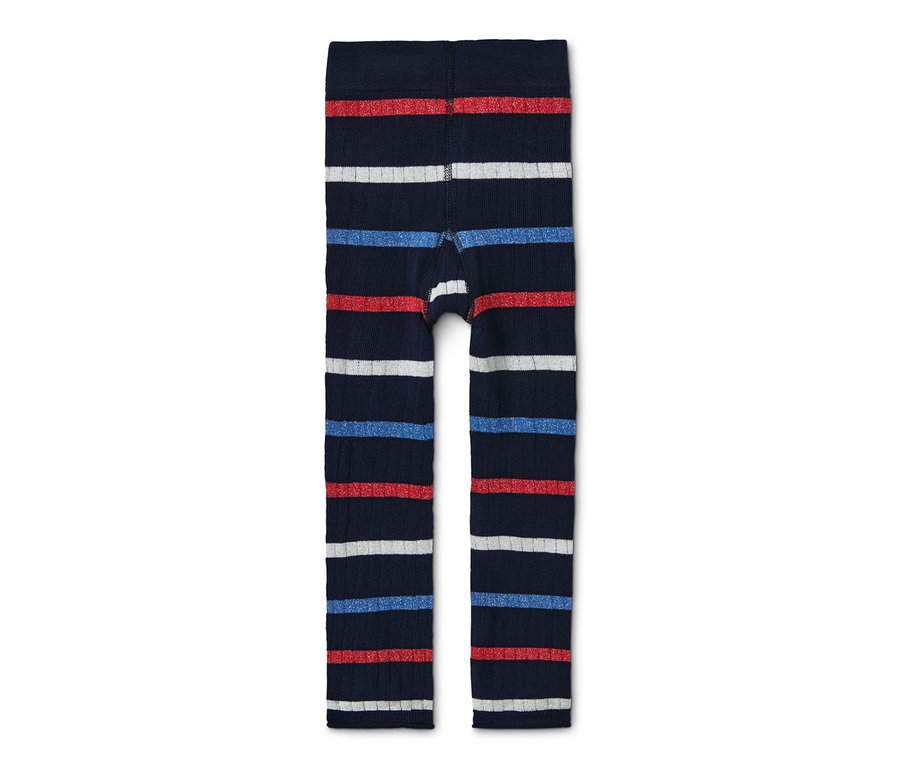 Zwei Strickleggings mit roten, weißen und blauen horizontalen Streifen auf marineblauem Hintergrund.