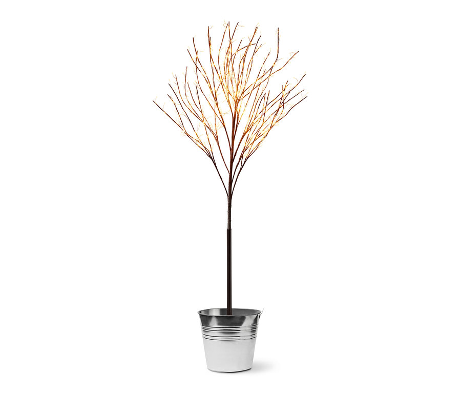 Grosser LED-Baum in einem Metalltopf.