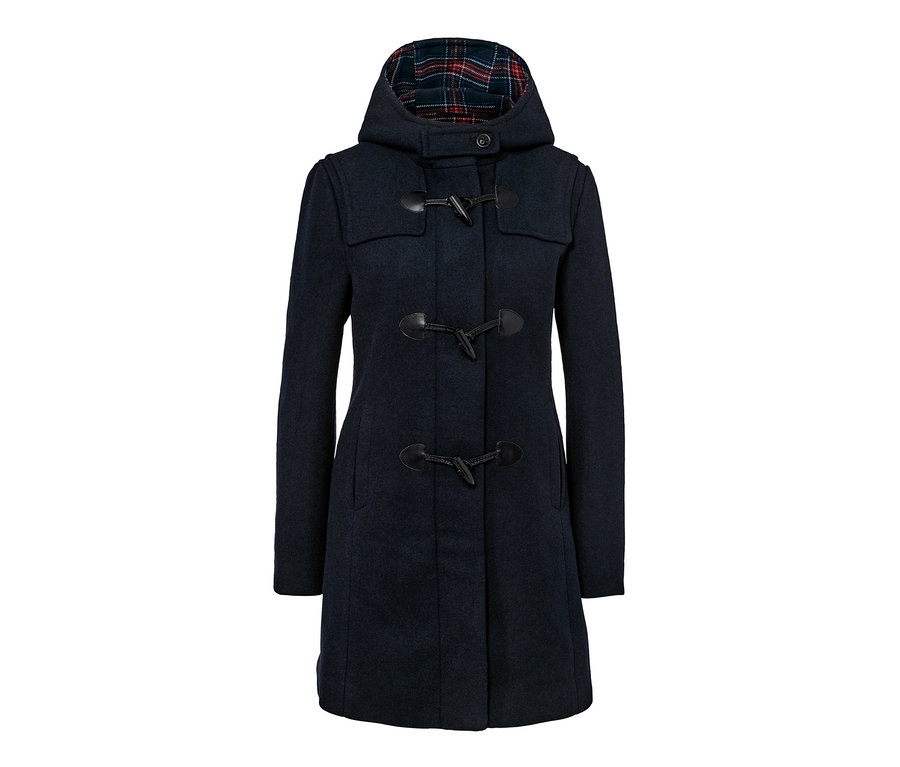Marineblauer Dufflecoat aus Wollmix mit Kapuze und Knebelverschluss.
