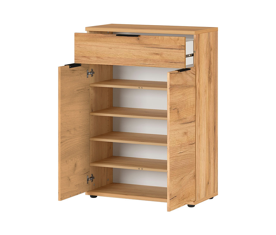 Geöffneter Germania Schuhschrank »GW-FREMONT« mit Regalen und Schublade.