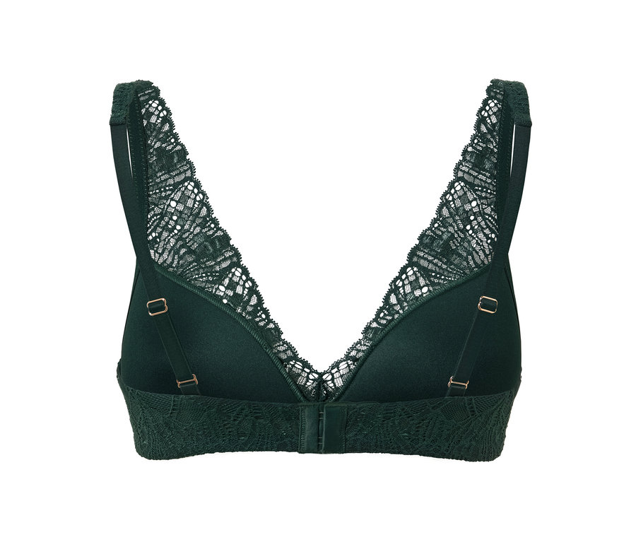 Detailansicht von hinten eines dunkelgrünen Softschalen-BHs mit Spitze.