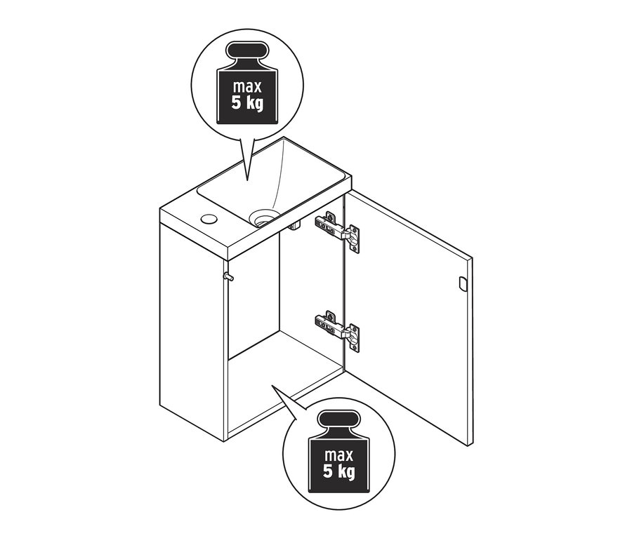 Zeichnung von einem Gästewaschbecken mit Unterschrank, offener Tür und einer maximalen Belastbarkeit von 5 kg.