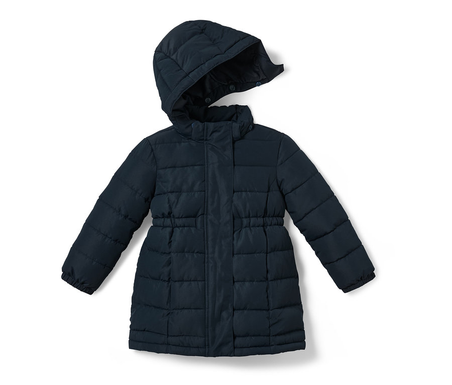 Eine marineblaue Thermoparka mit Kapuze.