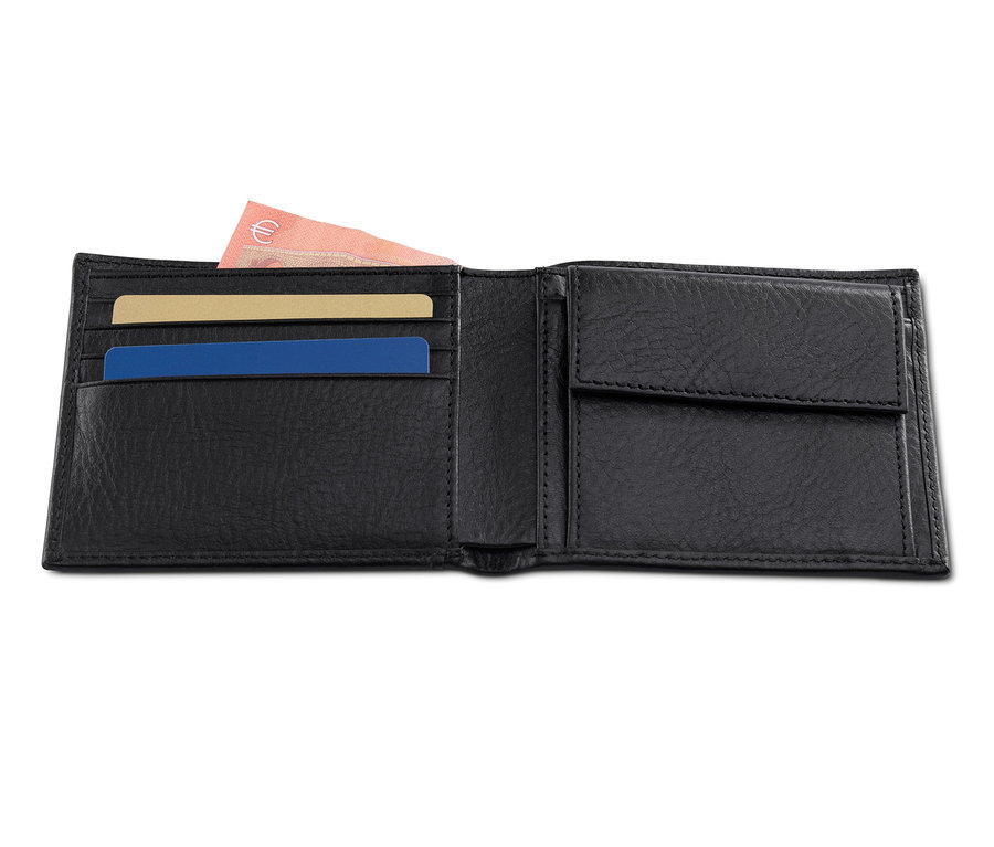 Geöffnetes schwarzes Leder-Portemonnaie mit Karten und Geldschein. Geschenk-Set: Leder-Portemonnaie und Schlüsselanhänger.