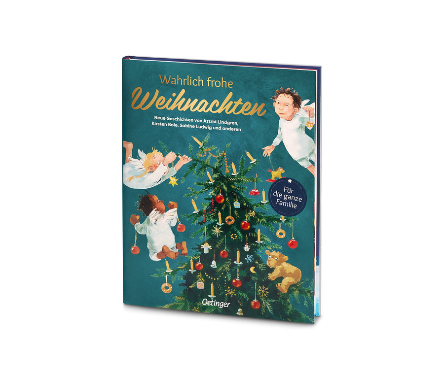 Cover des Buches »Wahrlich frohe Weihnachten« mit Illustration eines Weihnachtsbaums und Kindern.