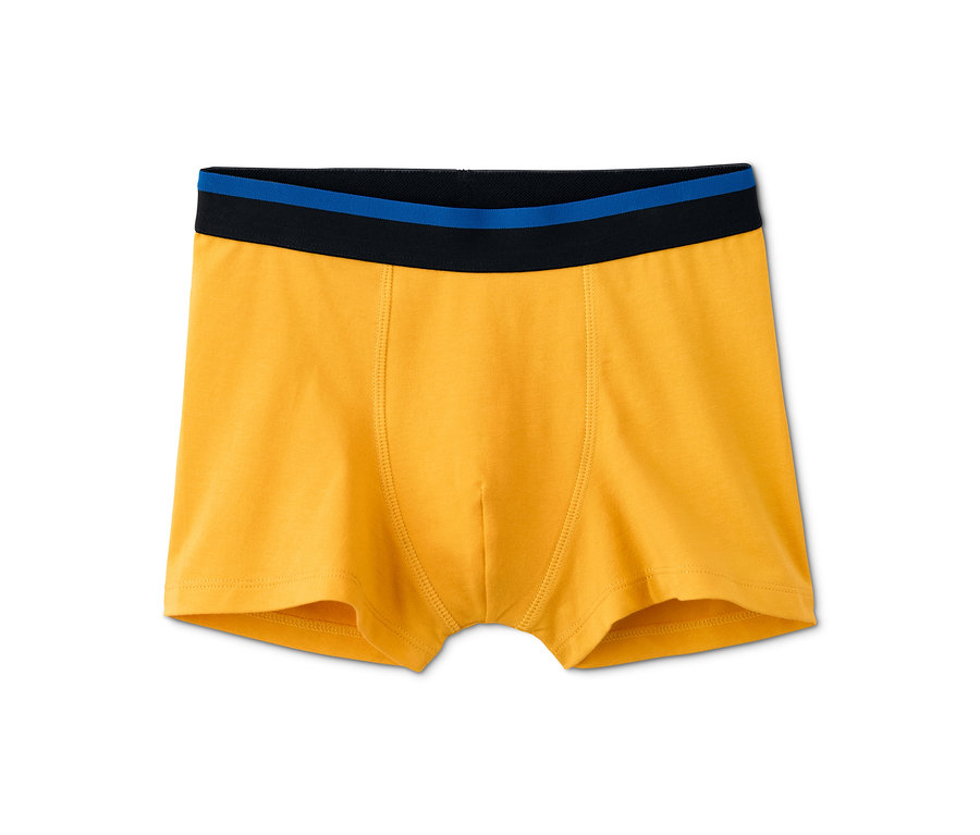 Gelbe 5 Slipboxer mit schwarzem und blauem Gummibund.