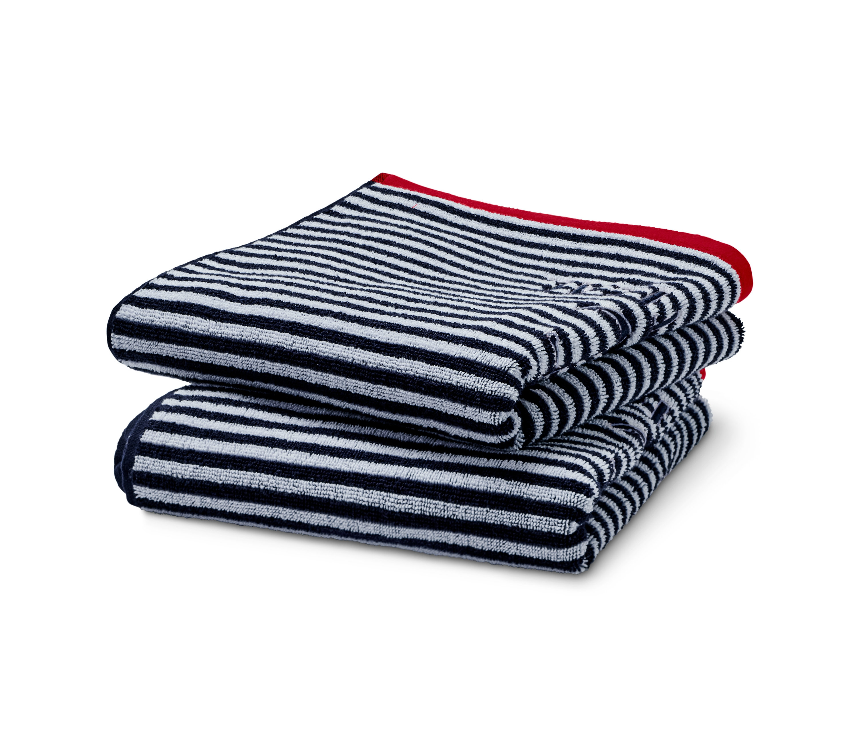 Stapel Vestio-Handtücher »Nautical«, 2er-Set, mit blau-weissen Streifen und rotem Rand.