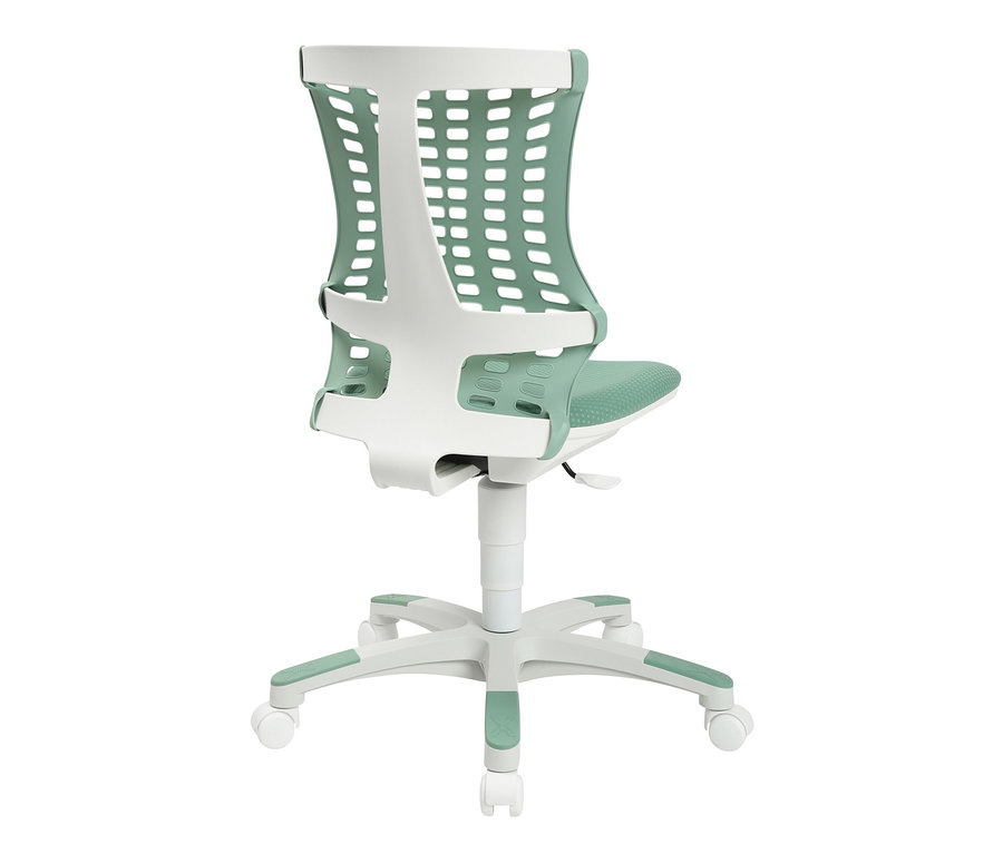 Detailansicht des mintfarbenen Topstar-Kinderschreibtischstuhls »Sitness X Chair 20« mit weißem Rahmen.
