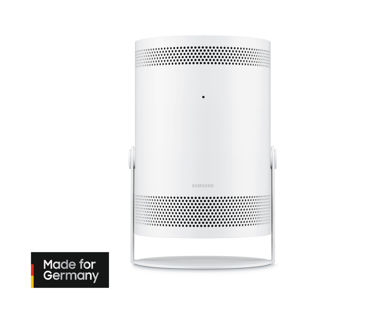 Weißer Samsung The Freestyle Projektor »SP-LSP3BLAXXE« vor weißem Hintergrund.