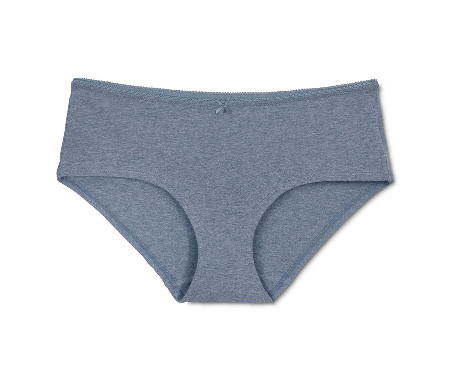 Ein einzelner blauer Slip (5 Pantys) liegt auf einem weißen Hintergrund.