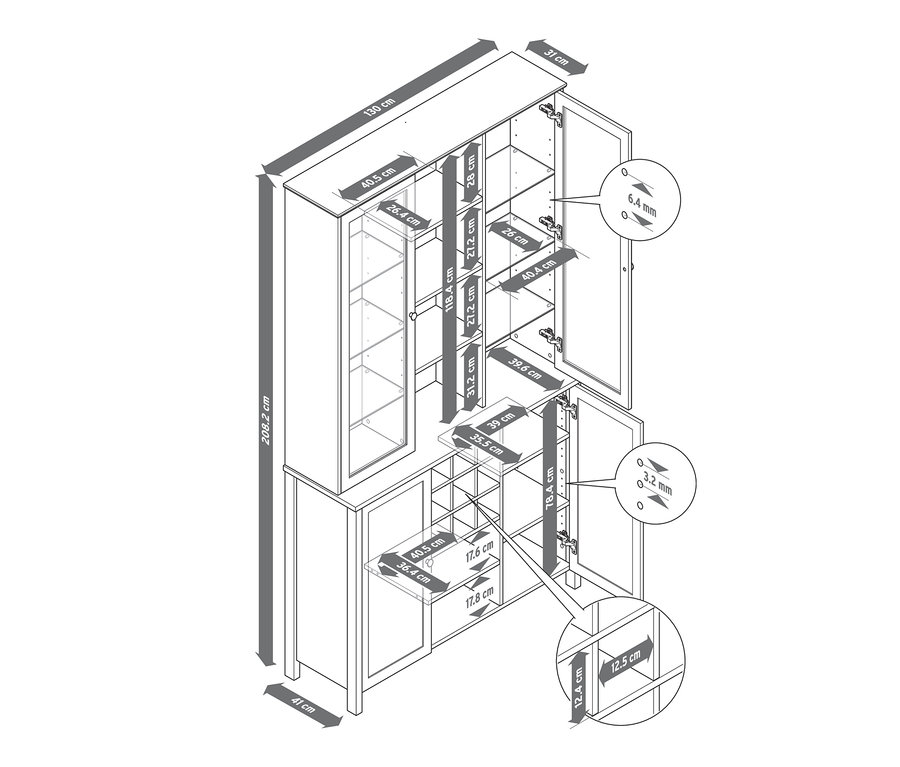 Eine Skizze eines Buffet-Schranks mit Glastüren und Stauraum, mit hervorgehobenen Abmessungen.