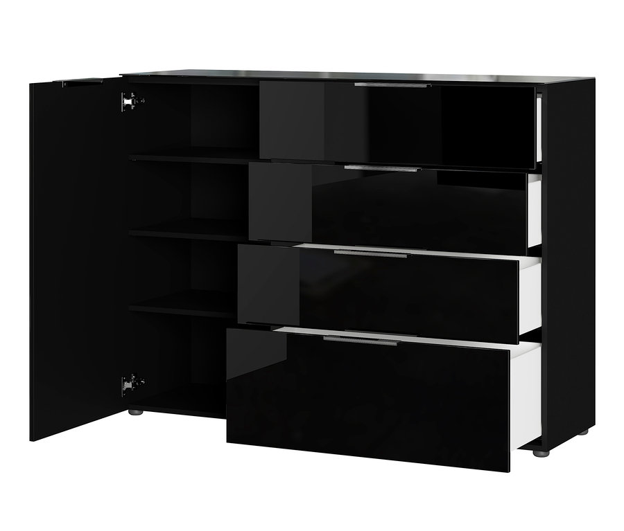 Schwarzes Germania-Sideboard »GW-Oakland«, klein, mit offenem Schrankfach und zwei ausgezogenen Schubladen.