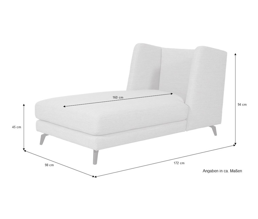 Die Abmessungen der grau-weißen Chaiselongue "Samira" werden mit Linien und Zahlen dargestellt.