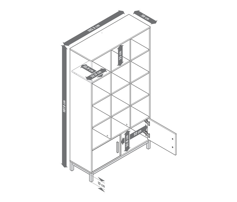 Abbildung eines Bücherregals »Eklund« mit Türen mit Maßangaben.