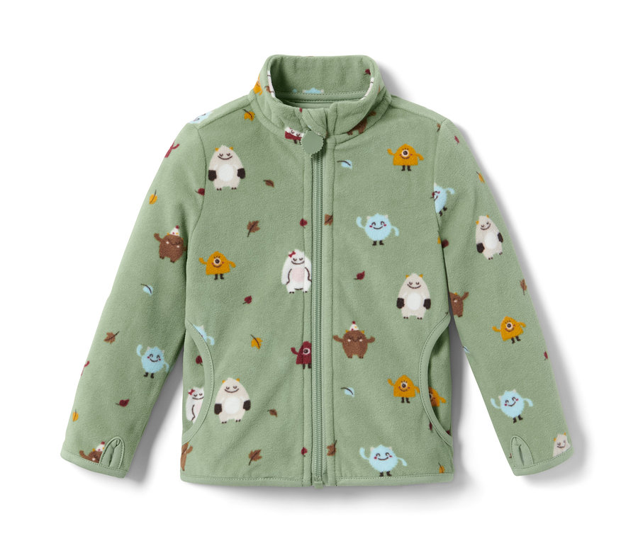 Eine grüne Fleecejacke mit Monsterprint.