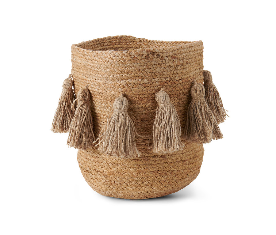 Ein Aufbewahrungskorb aus Jute mit Quasten.