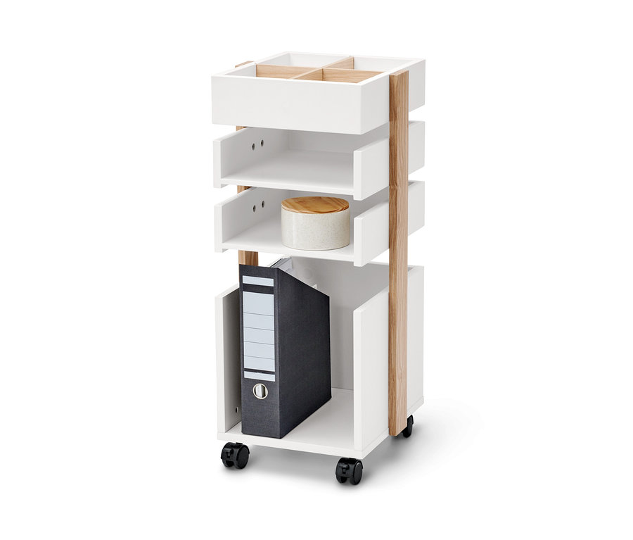 Weißer Rollcontainer mit vier Regalen und Aktenordnern.